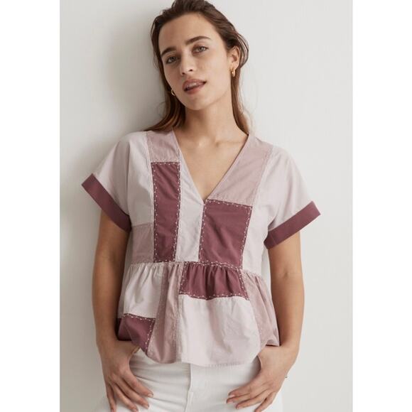 Madewell Signature Poplin Patchwork Peplum Top Rustic Coastal Boho Summer Casual - Picture 7 of 11
